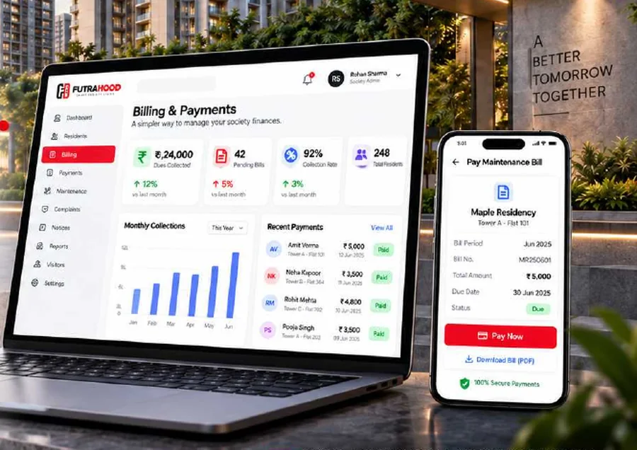 Futrahood billing and payments on a laptop and phone