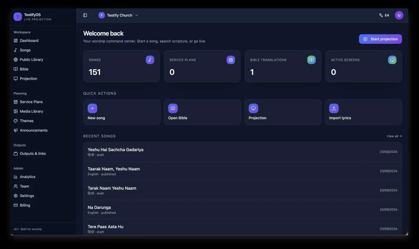 TestifyOS worship dashboard